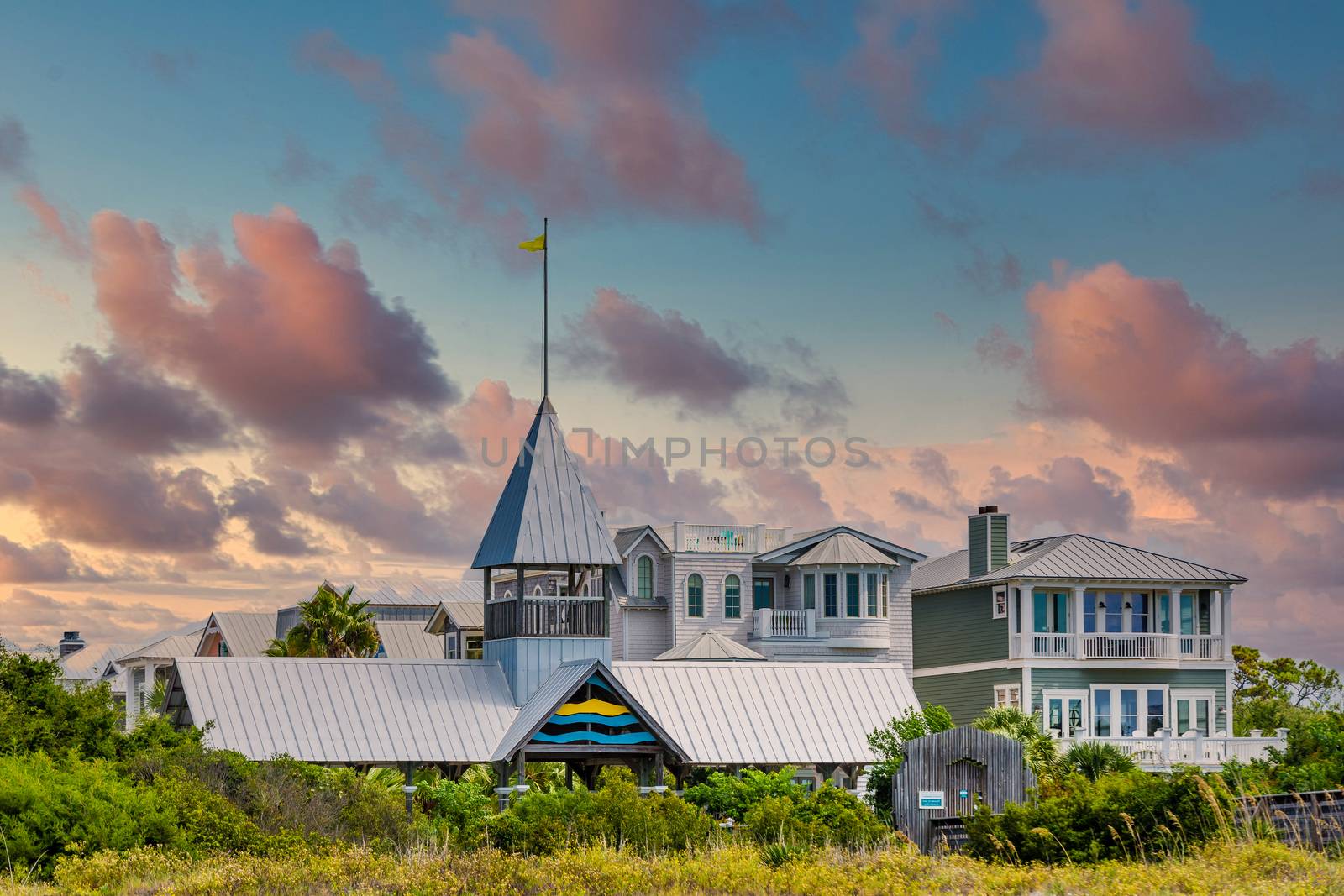 Grey Clapboard Beach Condos at Sunset by dbvirago