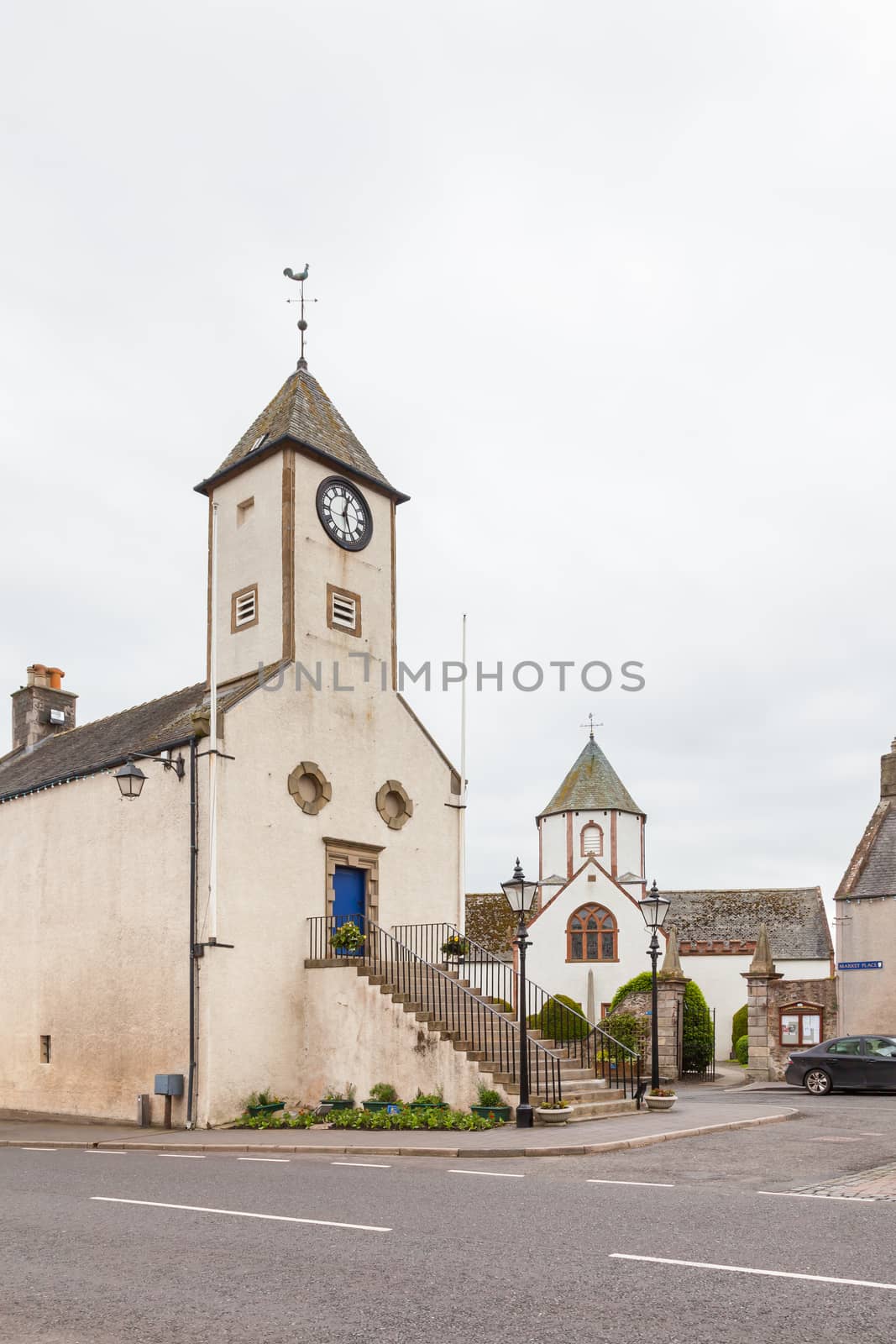 Lauder Town Hall, formerly a tollbooth, is pictured in Lauder town centre in the Scottish Borders.  Behind can be seen Lauder Old Parish Church.