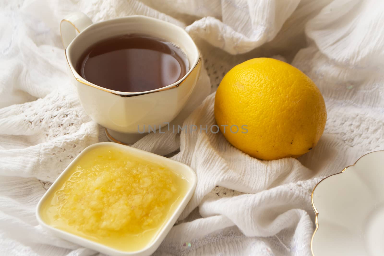 Cup of tea with lemon, vintage style image