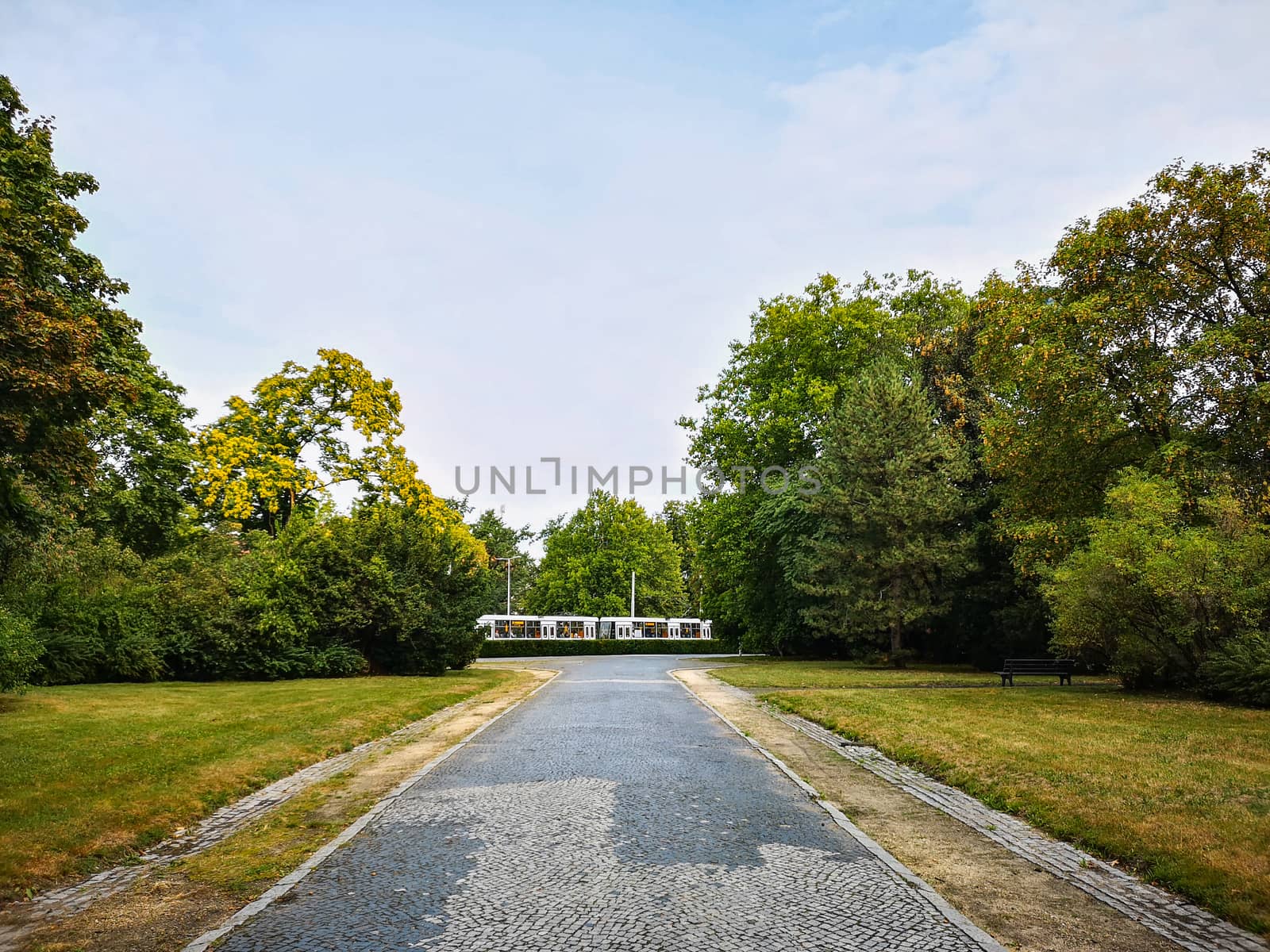 Colorful park with path between  grass and tram in background on roundabout in Wroclaw city by Wierzchu