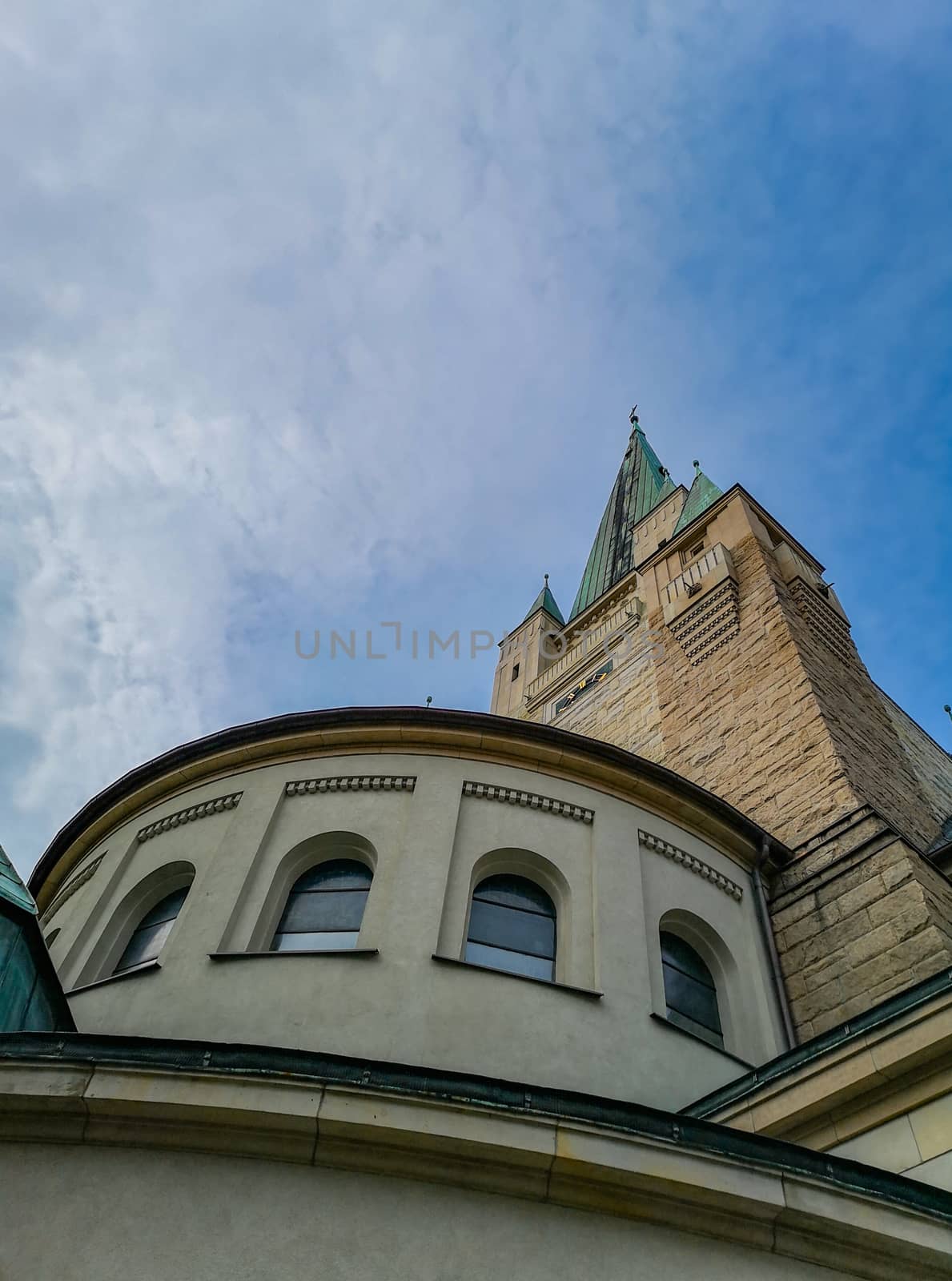 Old white Cathedral building with aquamarine towers in Wroclaw City