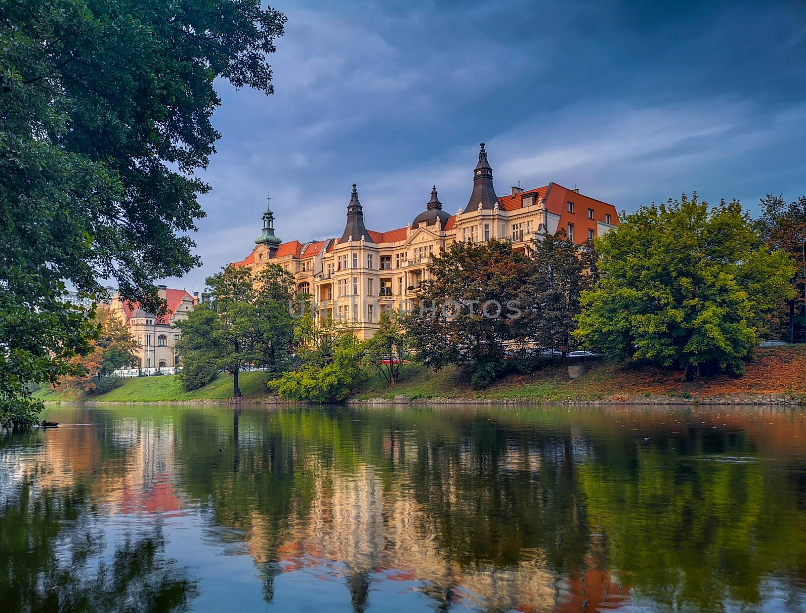 Epic palace behind river in stormy day in Wroclaw City by Wierzchu