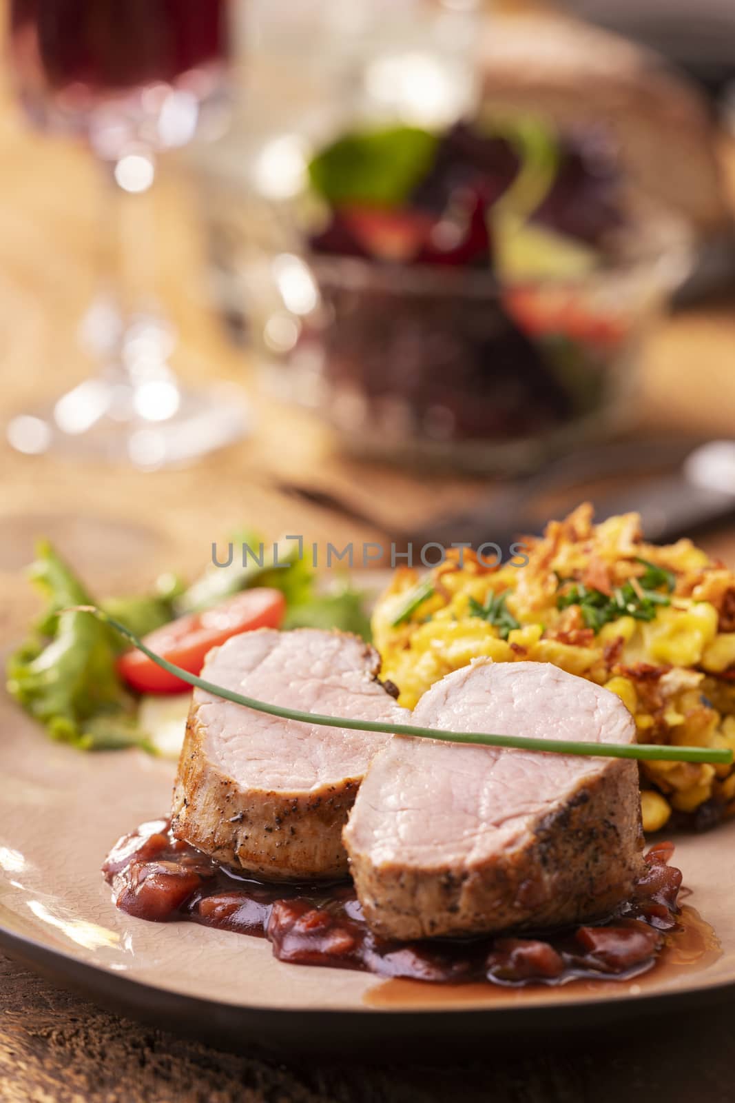 swabian pork fillet with spaetzle on wood