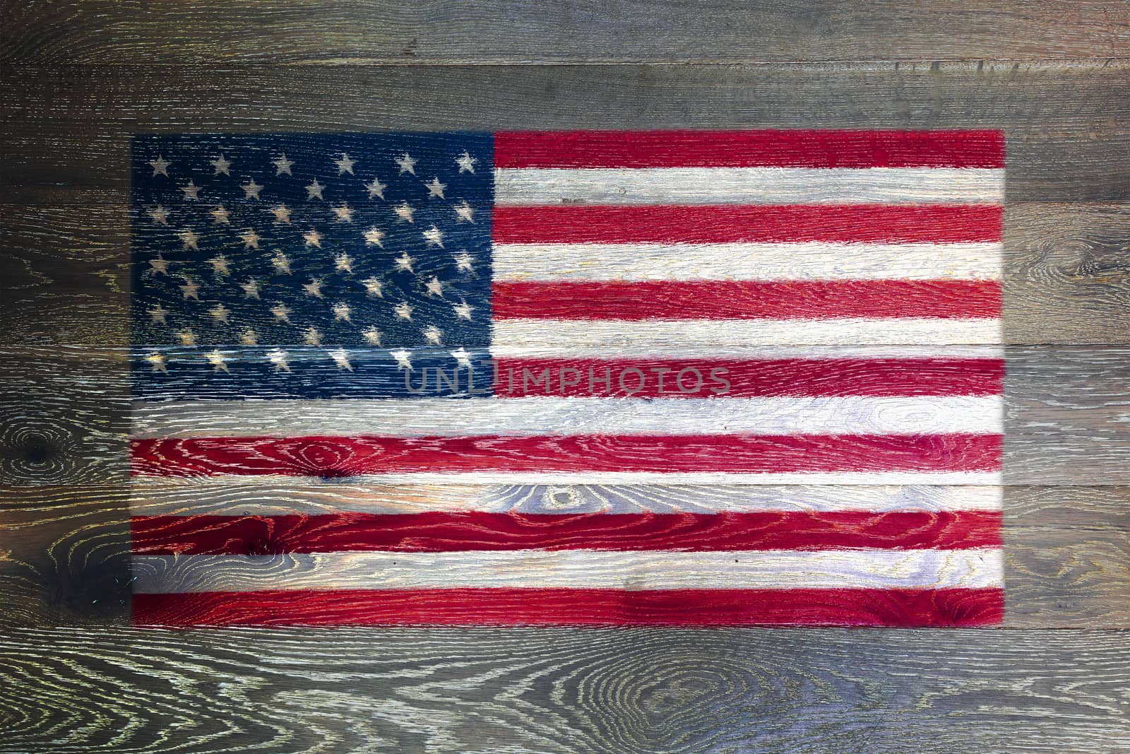 United states of America flag on rustic old wood surface background stars and stripes old glory by VivacityImages