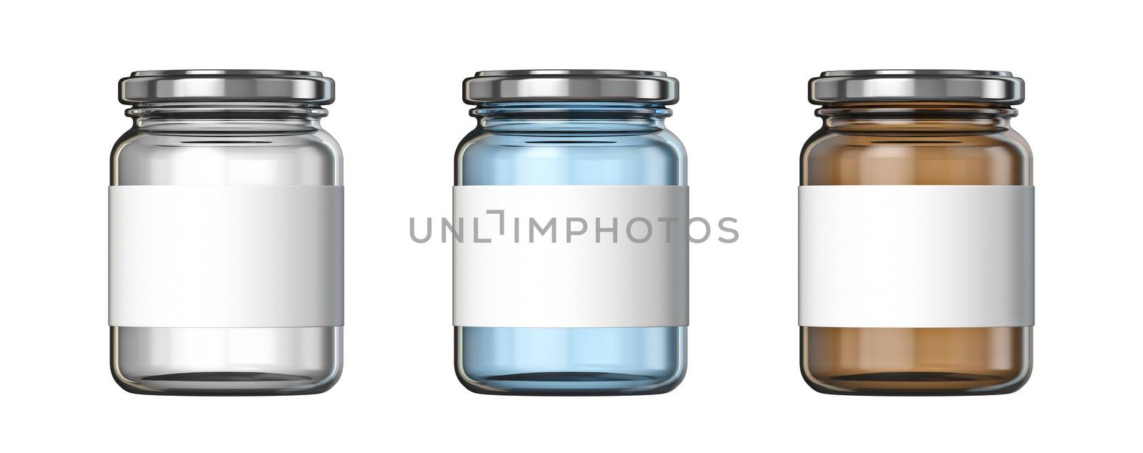 White, blue and brown big glass jars white label 3D render illustration isolated on white background