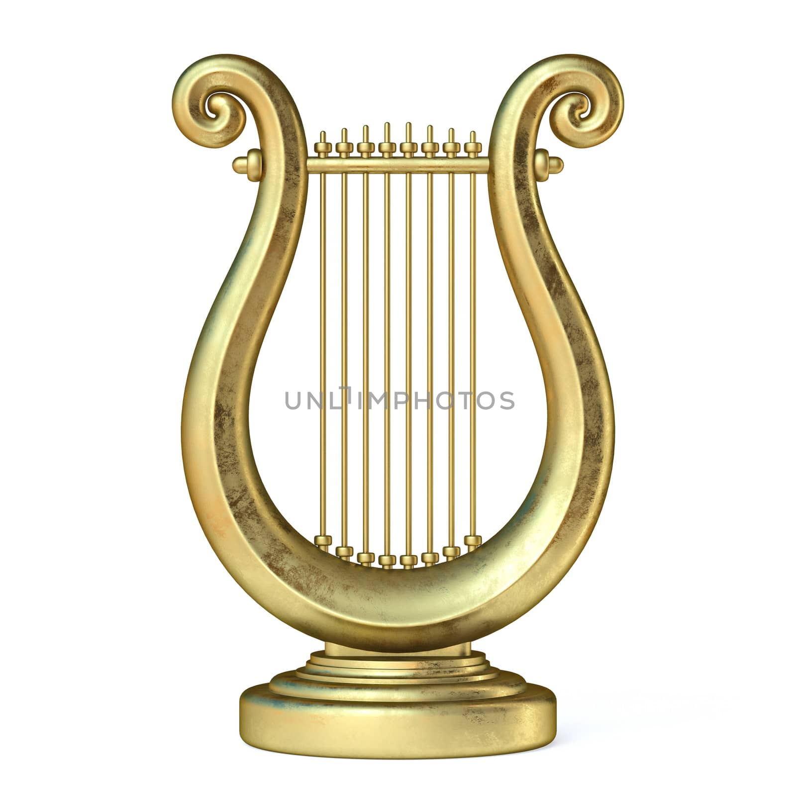 Golden lyre 3D render illustration isolated on white background