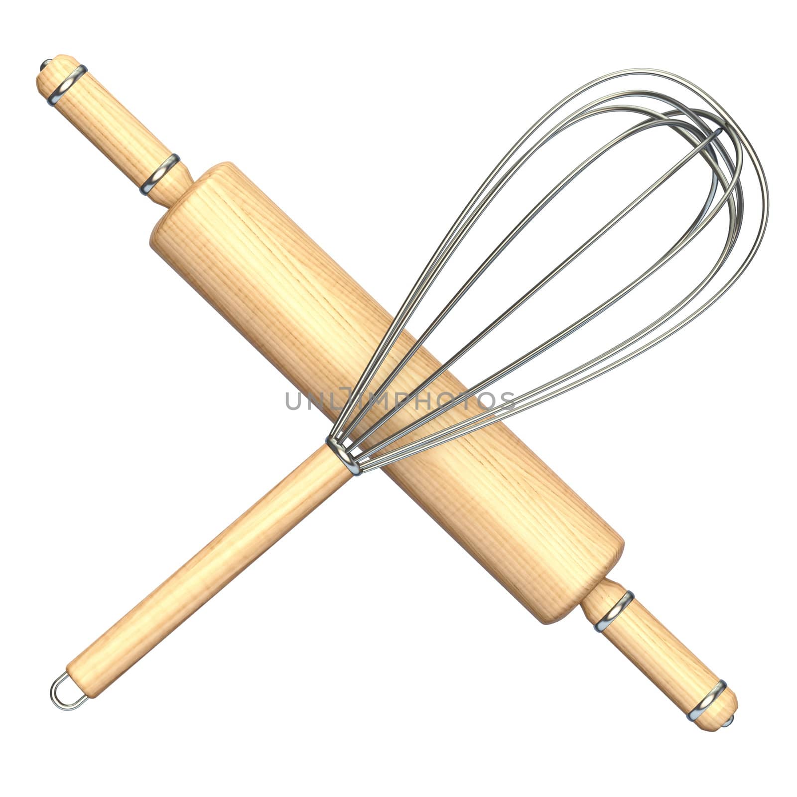 Wooden rolling pin and metal wire steel whisk 3D render illustration isolated on white background