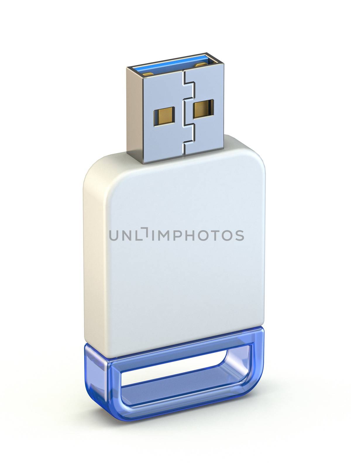 White blue USB memory stick standing 3D render illustration isolated on white background