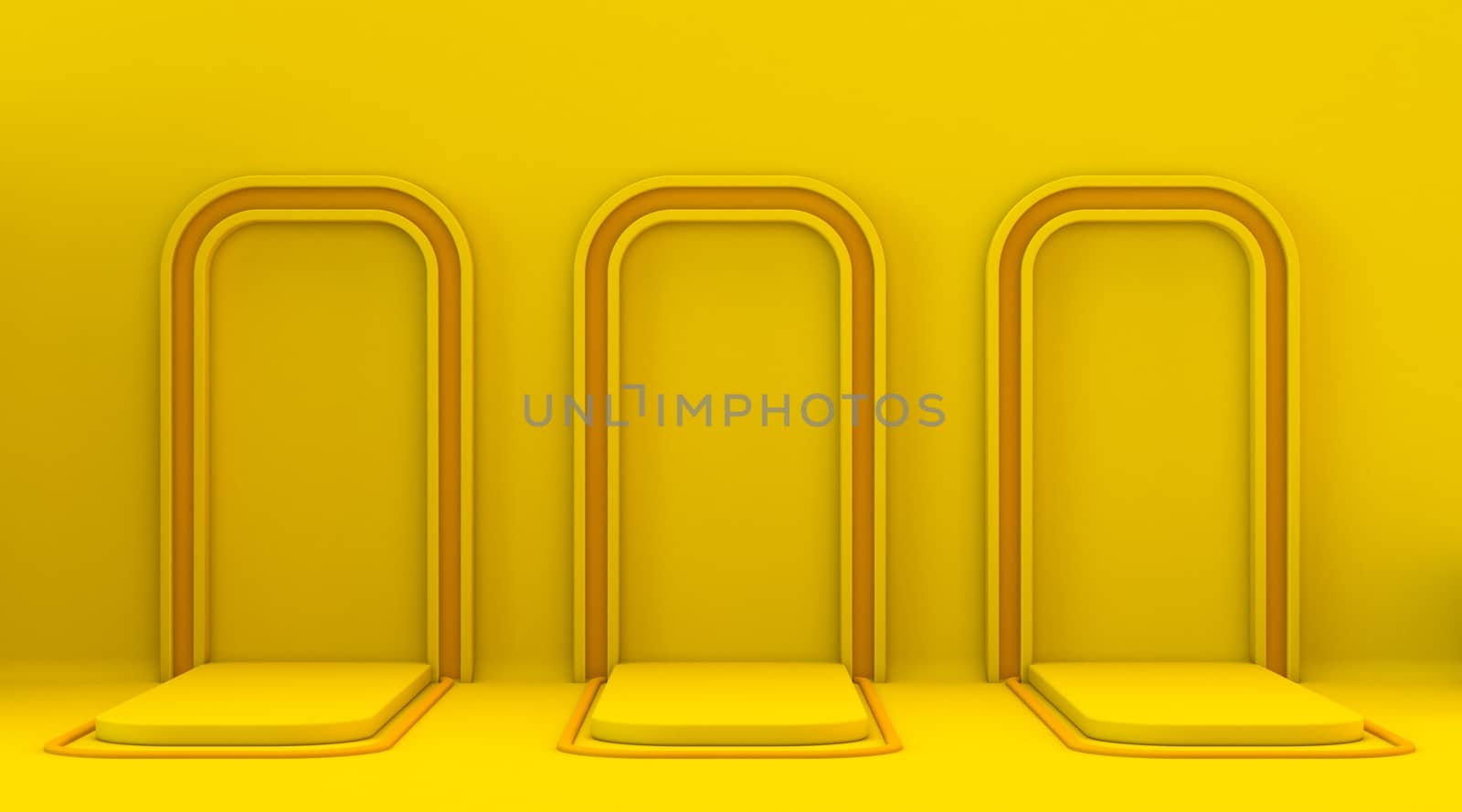 Three yellow orange mock up winner podium frame 3D render illustration on yellow background