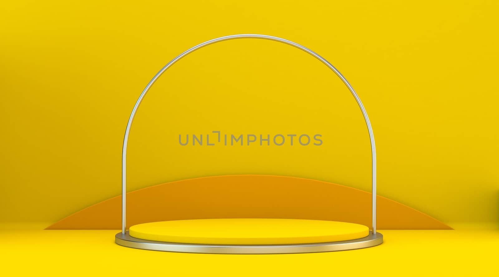 Yellow orange mock up winner podium with metal frame 3D render illustration on yellow background