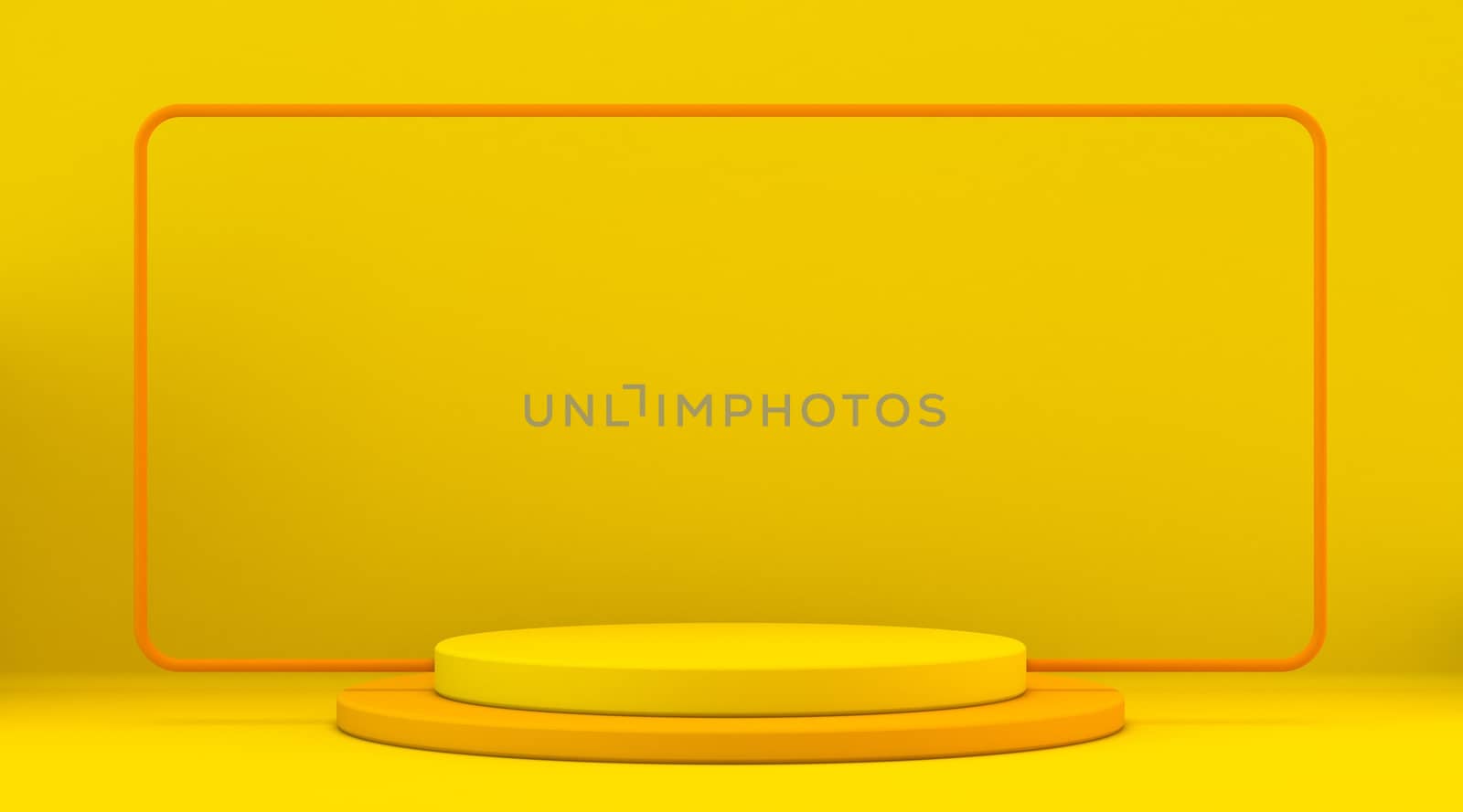 Orange frame podium 3D render illustration on yellow background