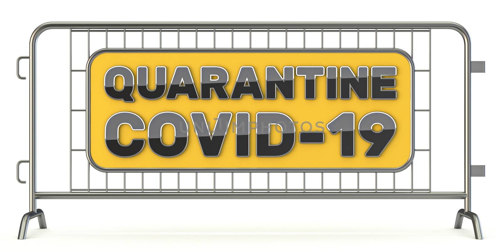 COVID-19 Quarantine sign on steel fence 3D rendering illustration isolated on white background