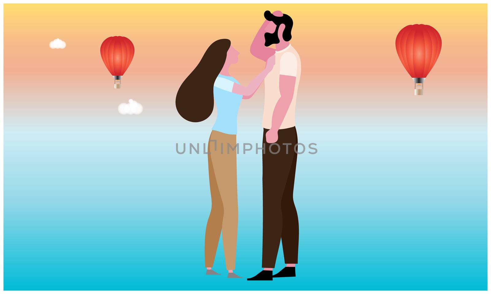 couple loving each other in flying hot air balloon view by aanavcreationsplus