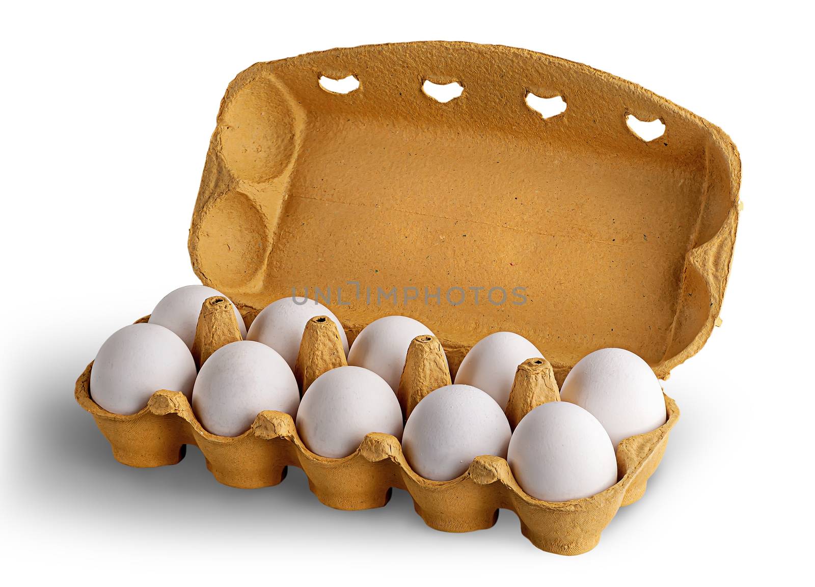 Open tray with ten white eggs isolated on white background
