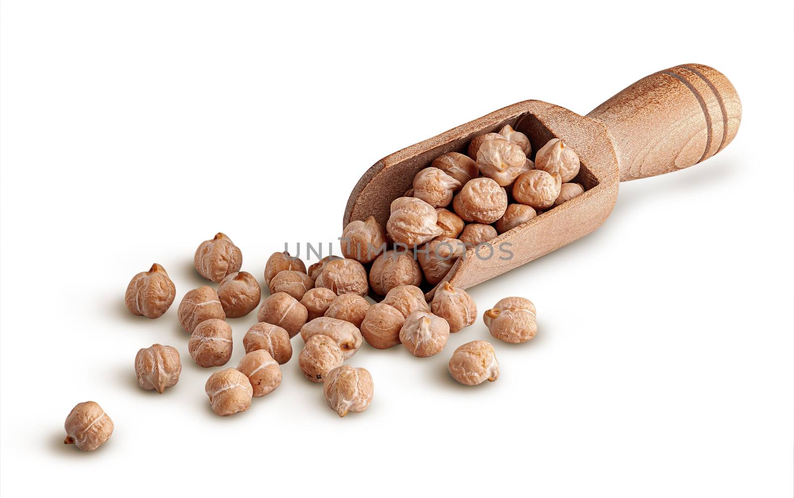 Wooden scoop with dry chickpeas isolated on white background