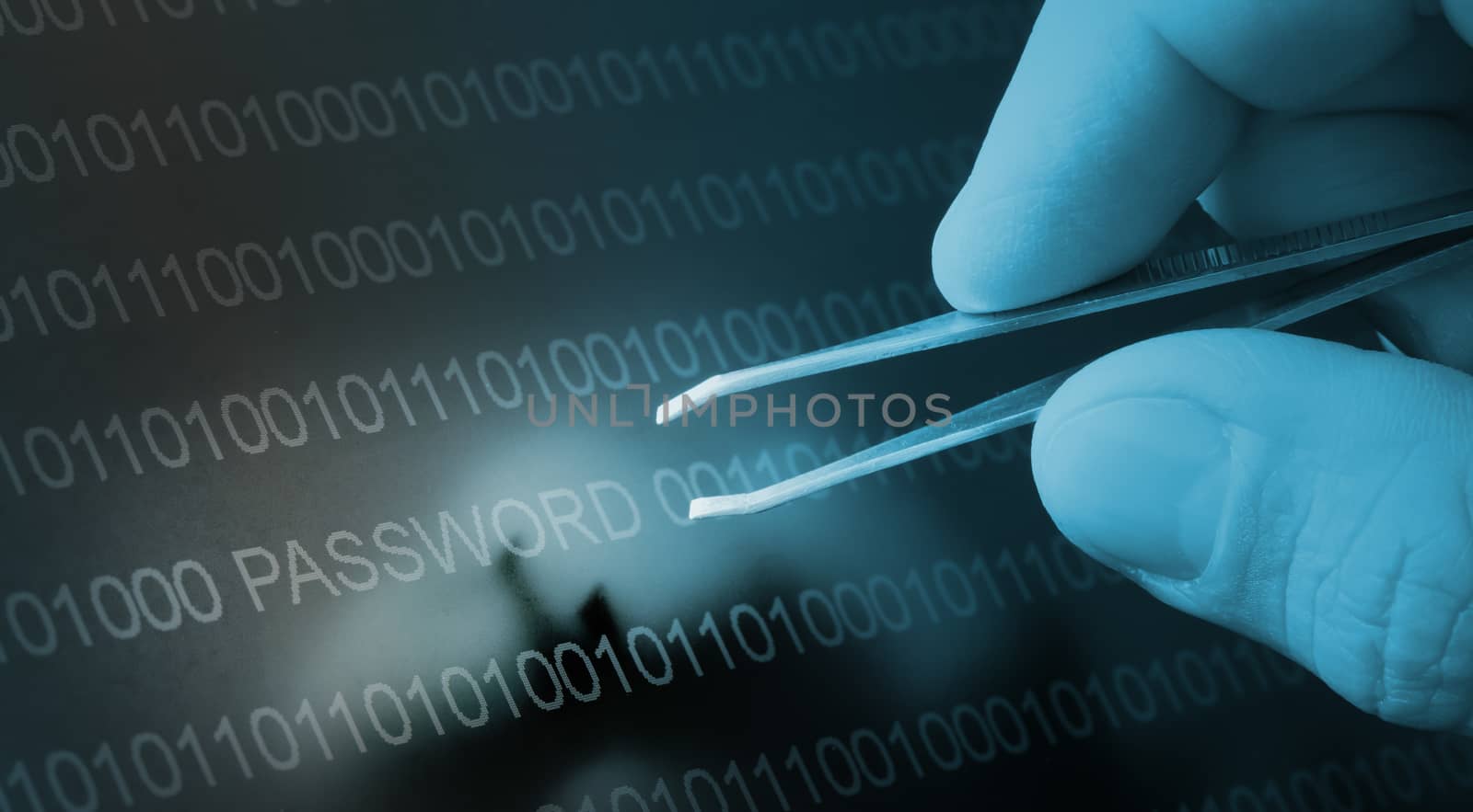 Binary code, password vulnerability taking out with tweezers, selective focus