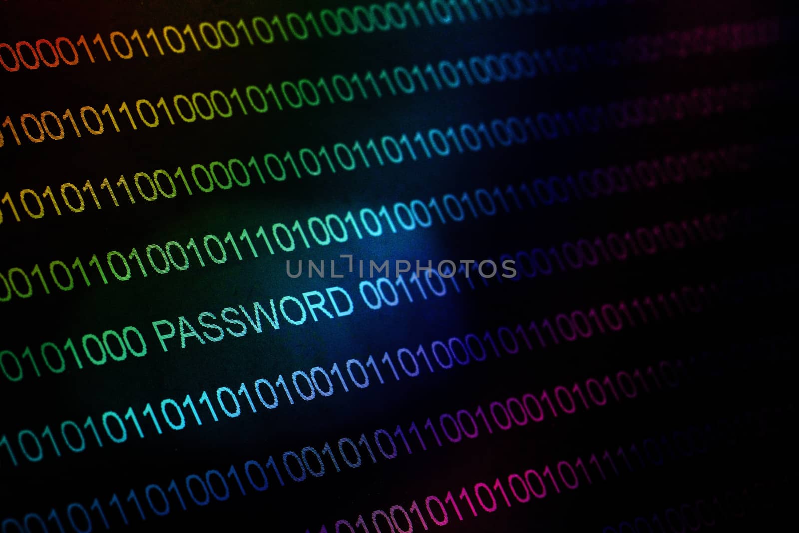 Binary code, password on LCD-screen, selective focus