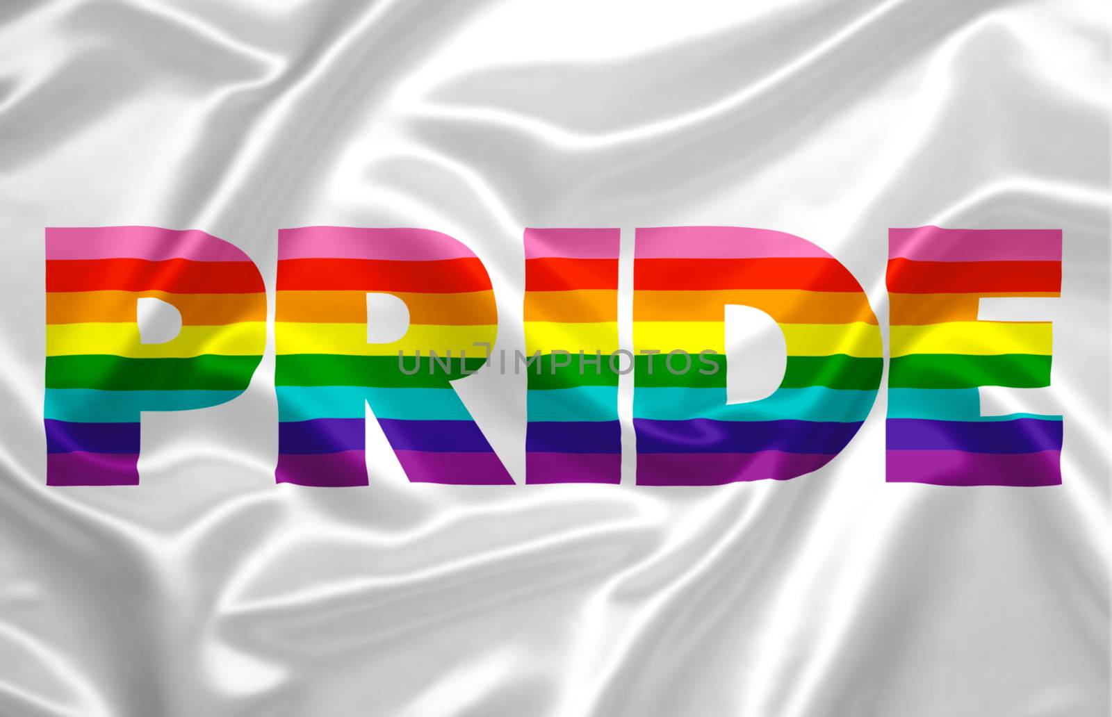 the word "pride" composed with the colors of the rainbow printed on a silky fabric.