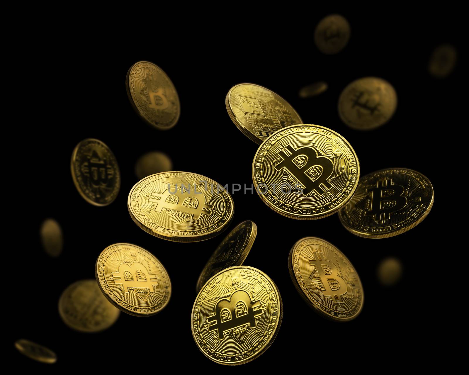 Gold coin Bitcoin levitates on a black background.