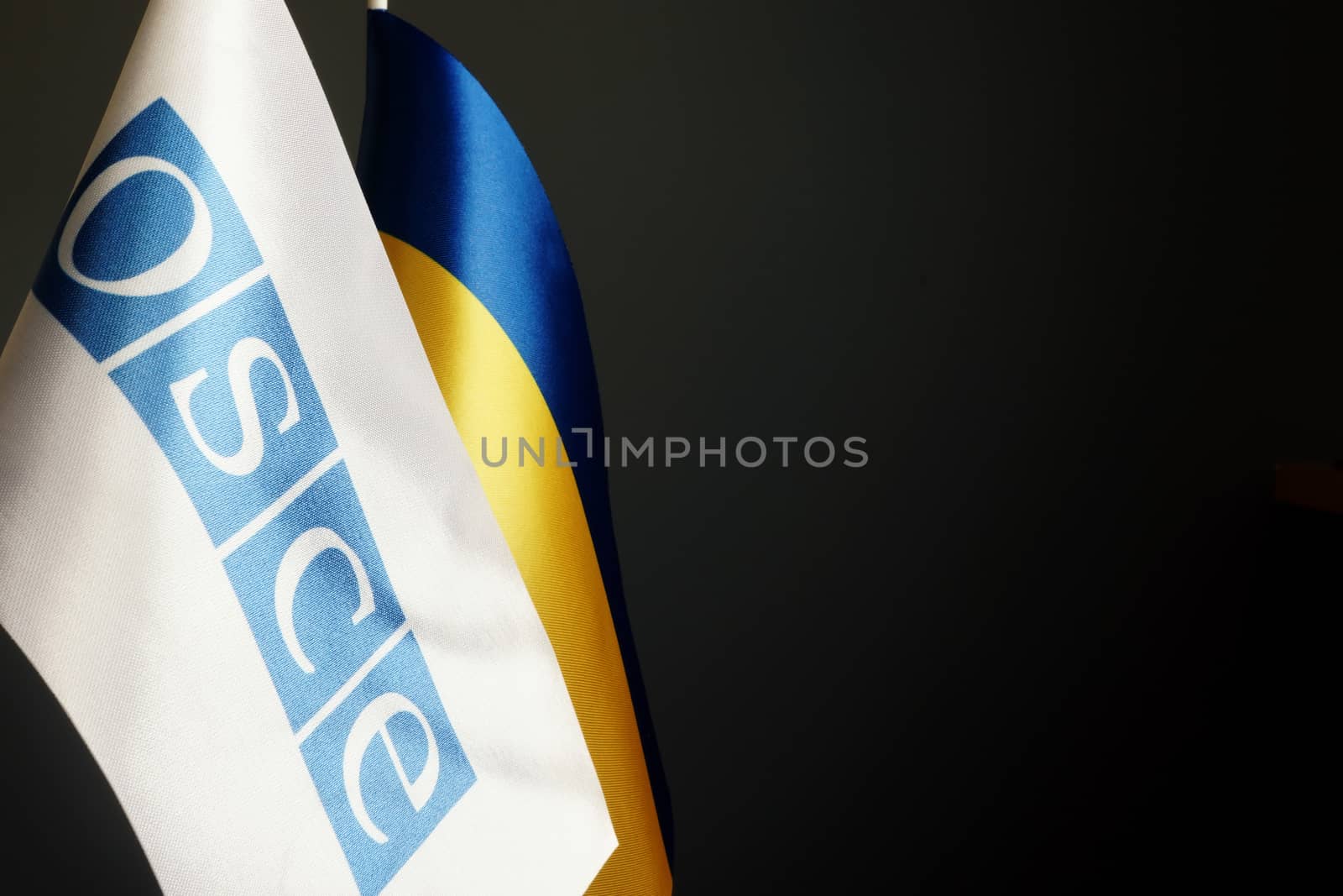 OSCE and Ukrainian flags in the dark.