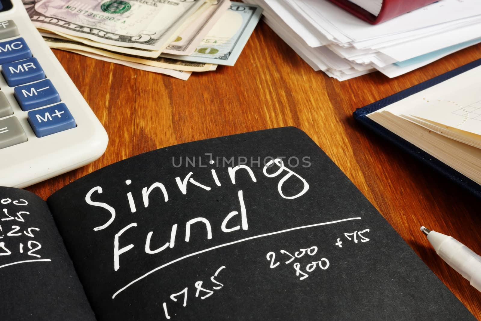 Sinking Fund sign on the page and calculator. by designer491