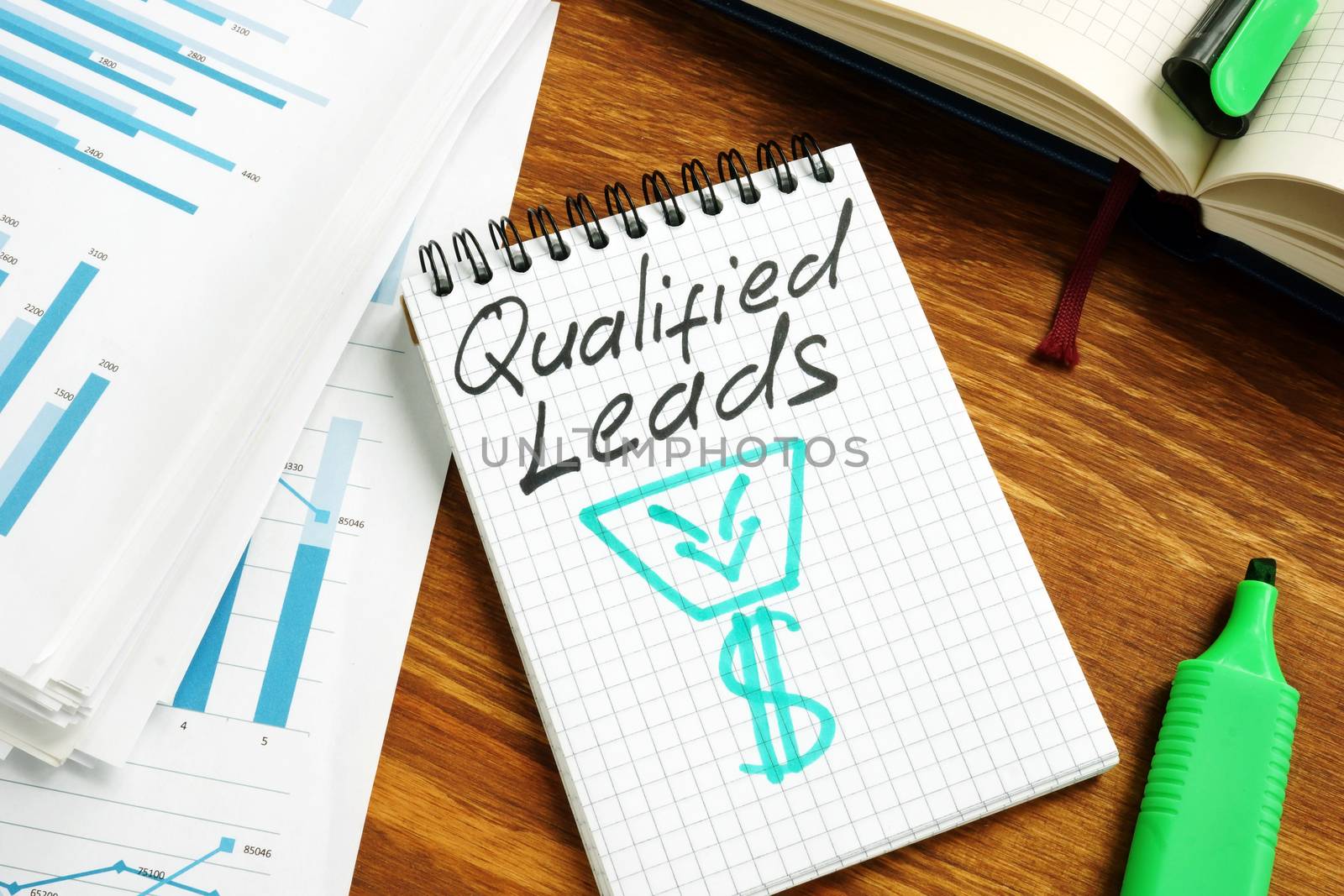 Qualified leads handwritten on a page and business papers.