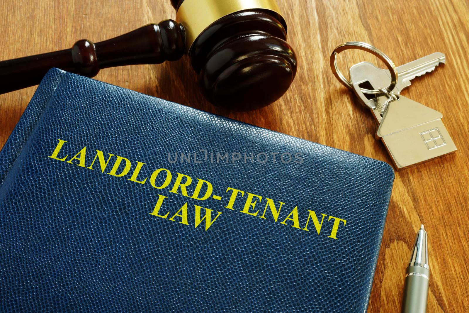 Landlord Tenant Law book and key from home. by designer491