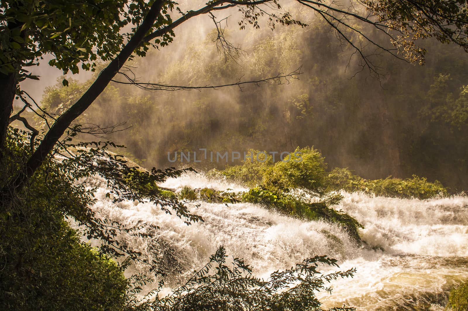 the first jump of the waterfall Marmore with rainbow, Umbria - Italy