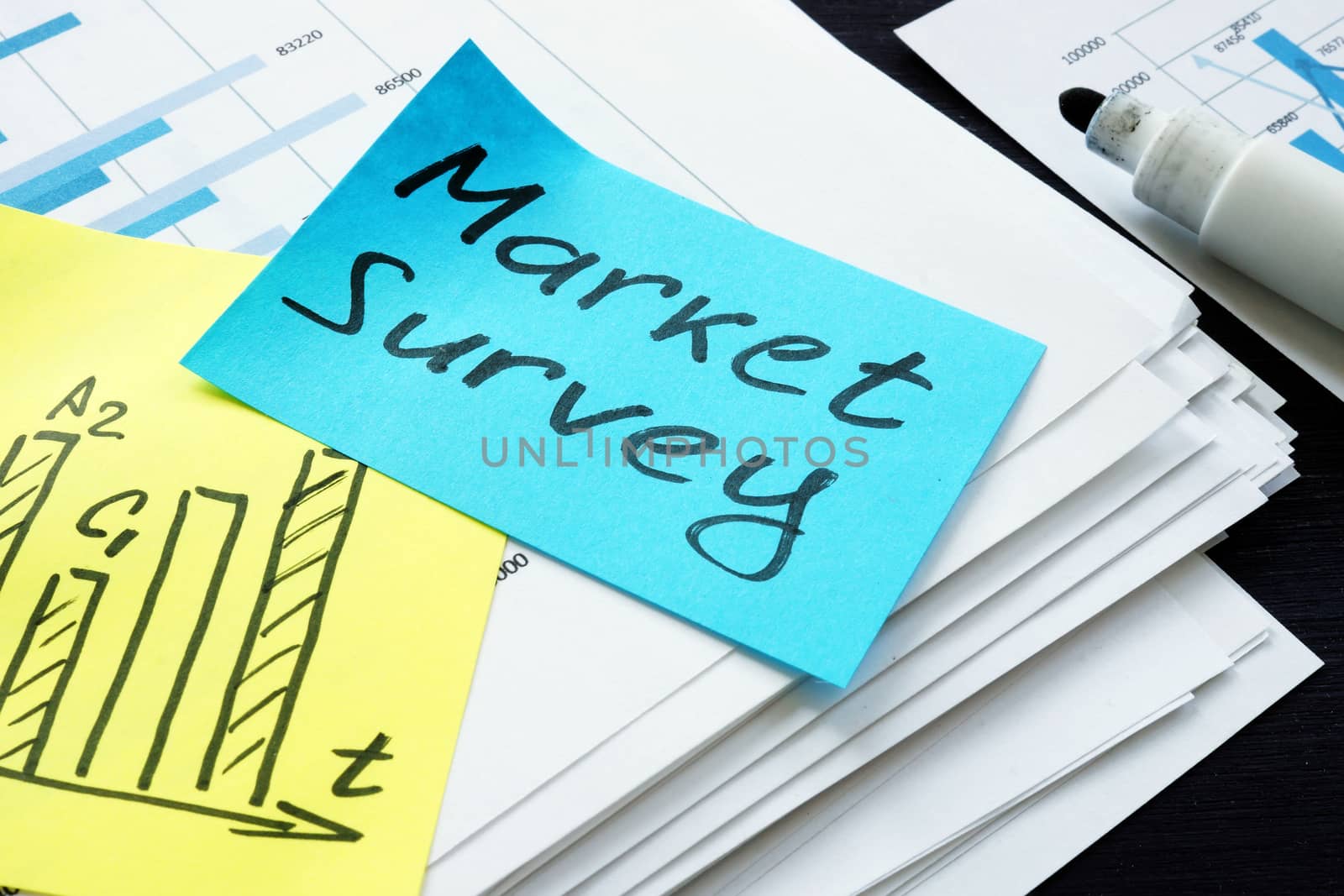 Market Survey sign and stack of papers with marketing report.
