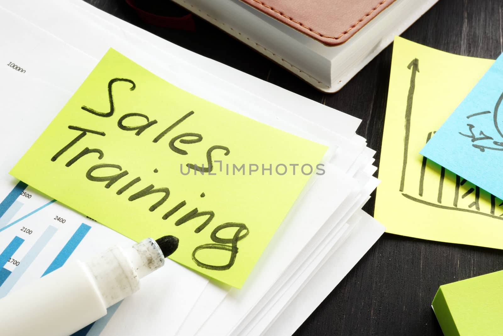 Sales training sign and business report with charts.