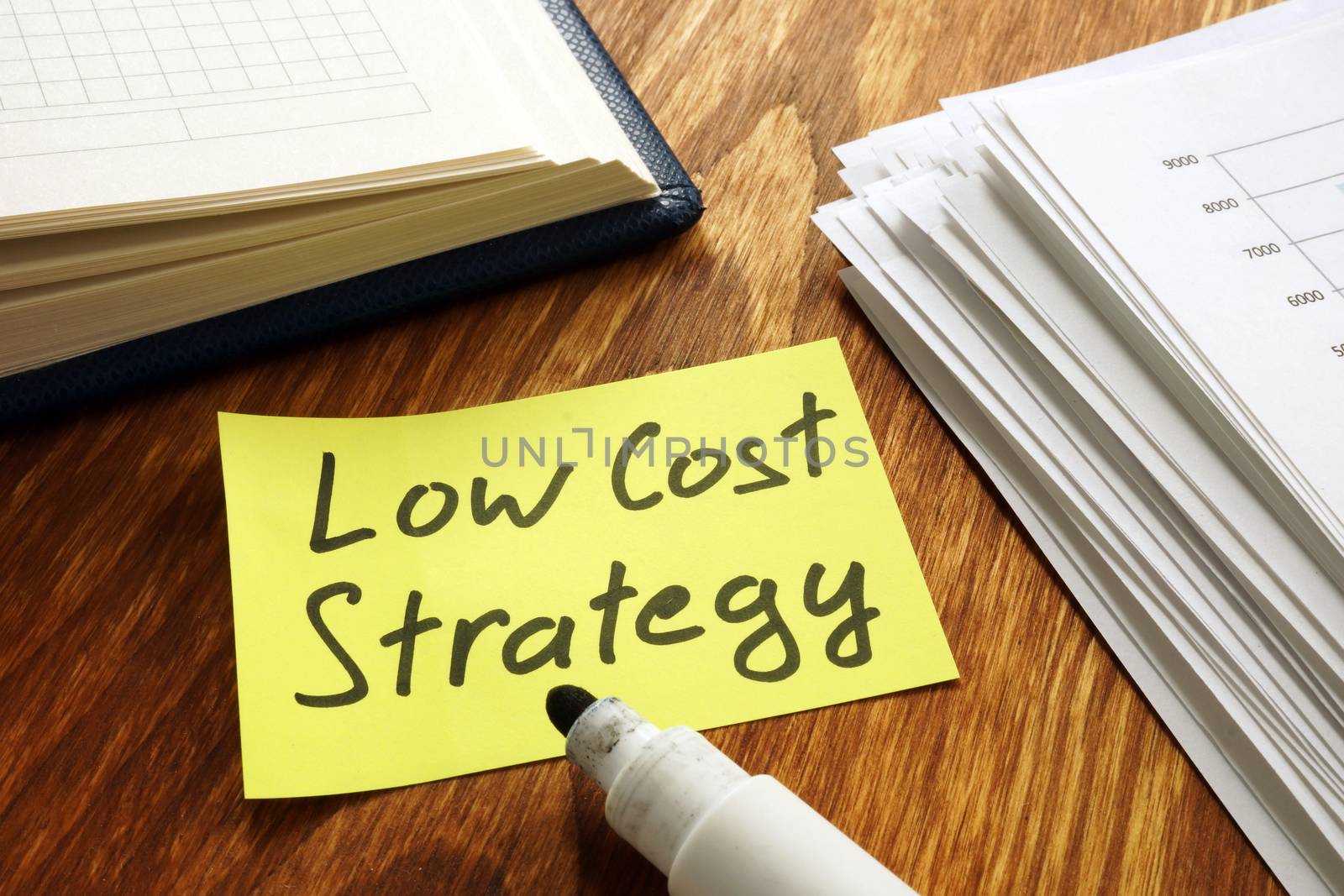 Low cost strategy sign and stack of papers. by designer491