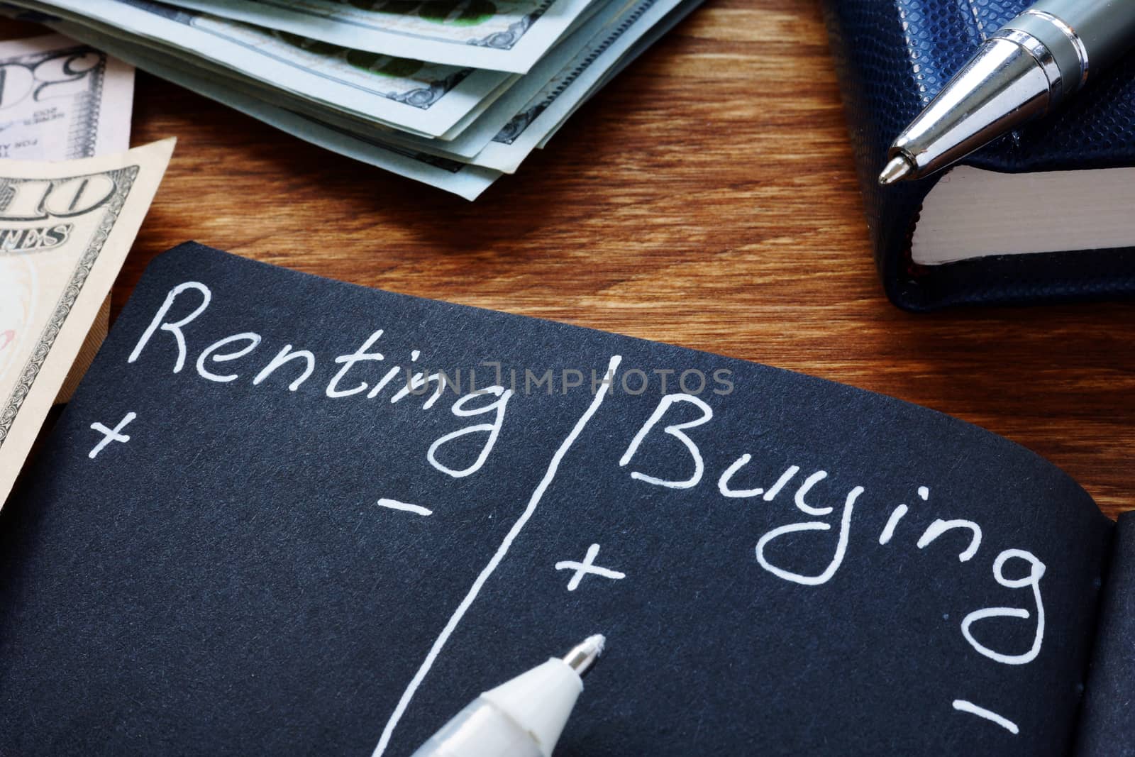 Renting vs buying comparison in the black notebook. by designer491