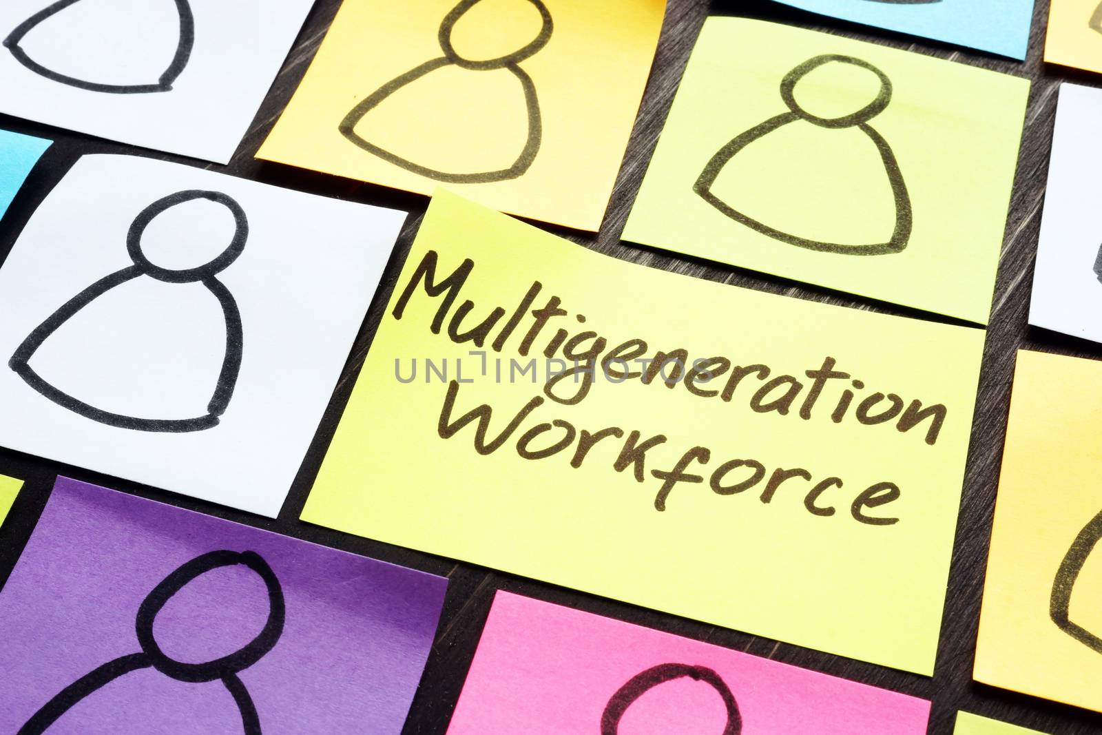 Multigeneration workforce concept. Multicolored memo sticks with figures. by designer491