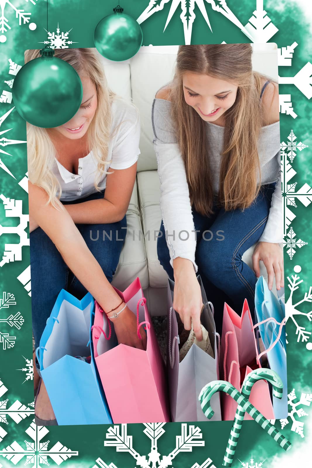 Composite image of a smiling pair of girls looking at the shopping  by Wavebreakmedia