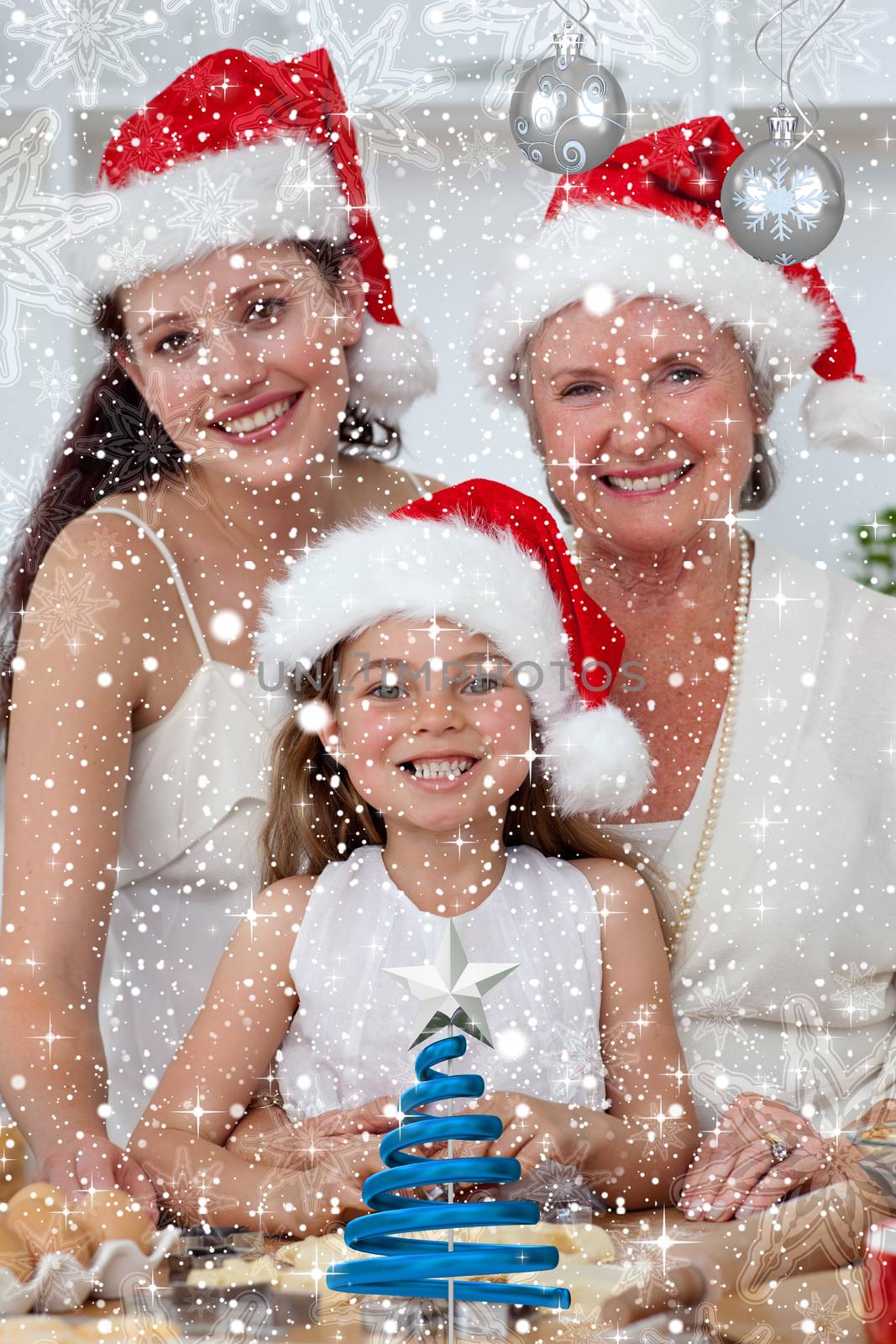 Daughter mother and grandmother baking Christmas sweets against twinkling stars