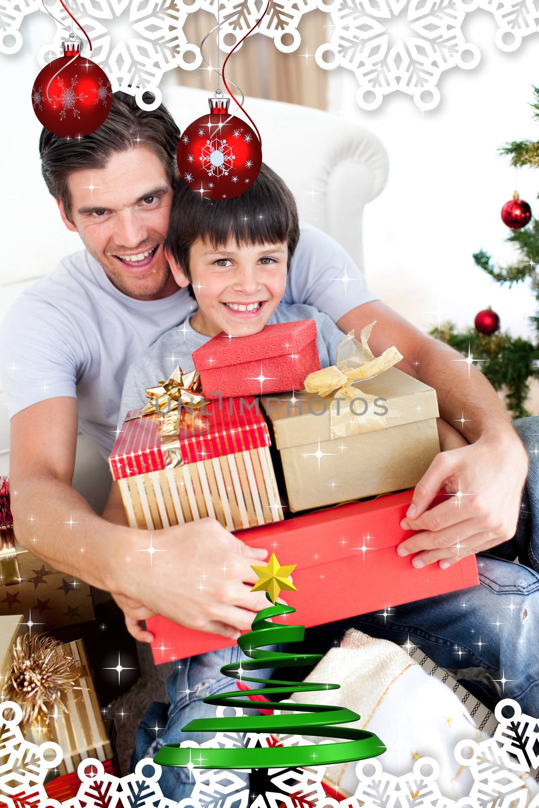 Happy father and son holding Christmas presents against twinkling stars