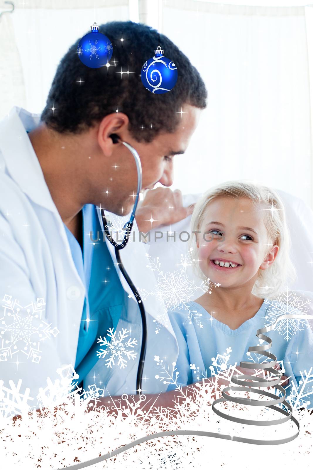 Attractive doctor checking the pulse on a young patient against twinkling stars