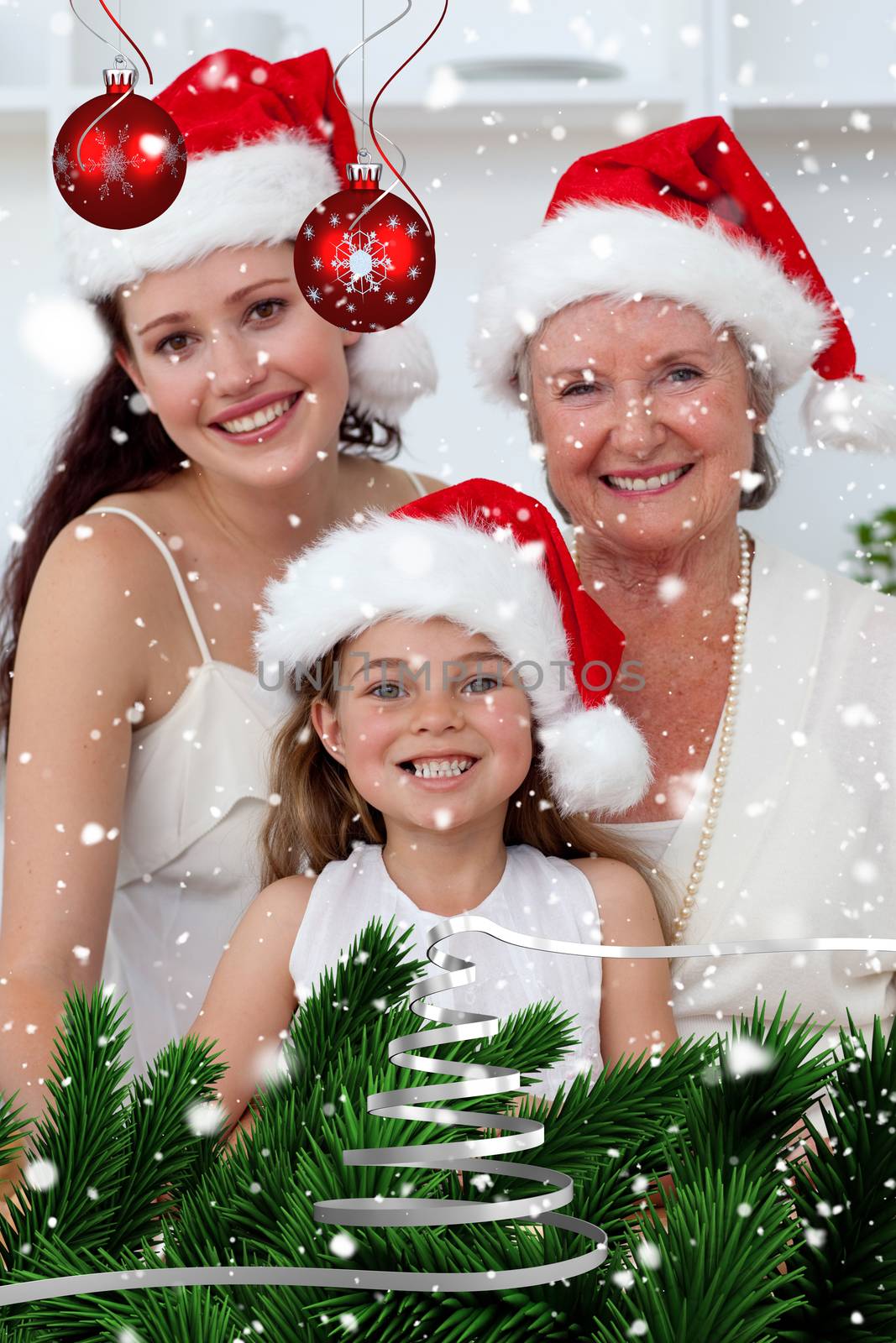 Daughter mother and grandmother baking Christmas sweets against snow falling