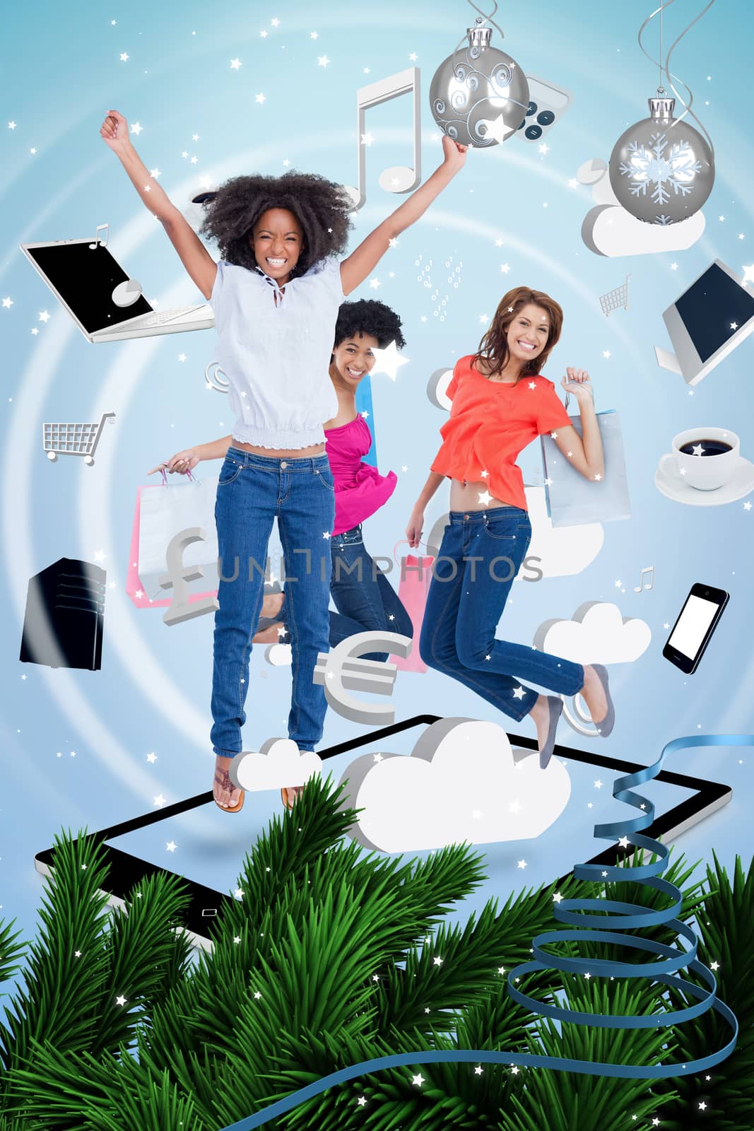 Three cute women jumping on a tablet pc against twinkling stars