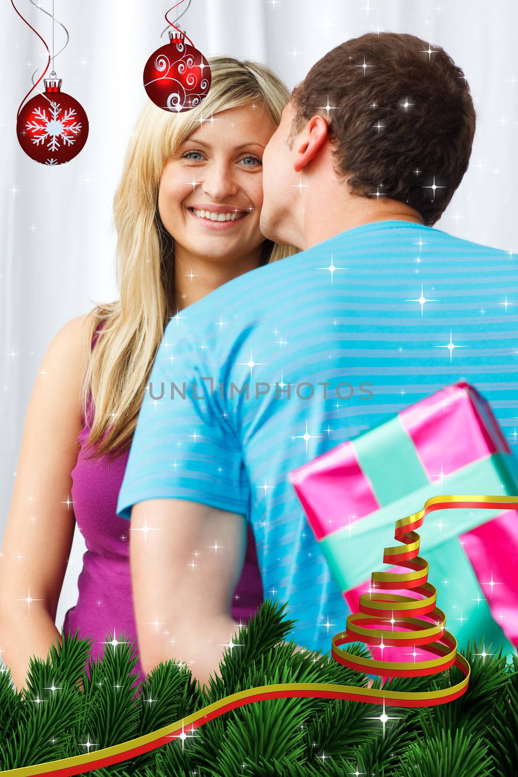 Composite image of man wait one kiss from his girlfriend  by Wavebreakmedia