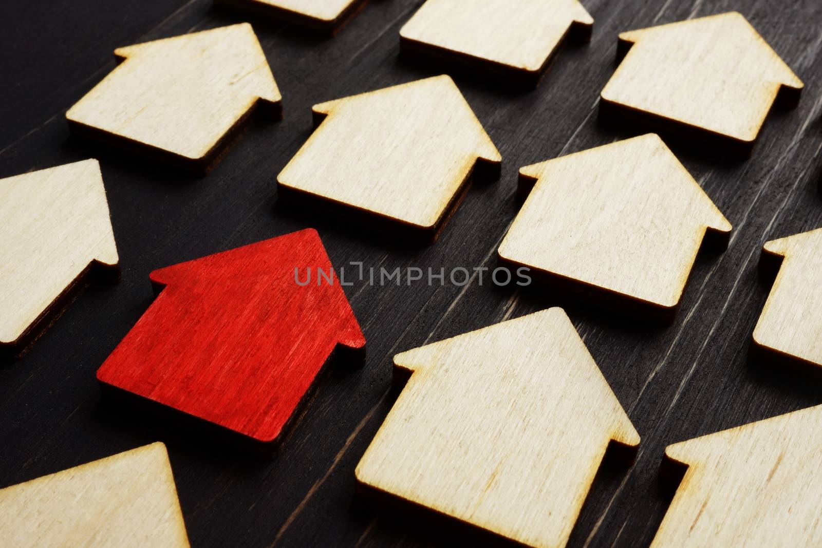 Property management concept. Red home model and wooden ones.
