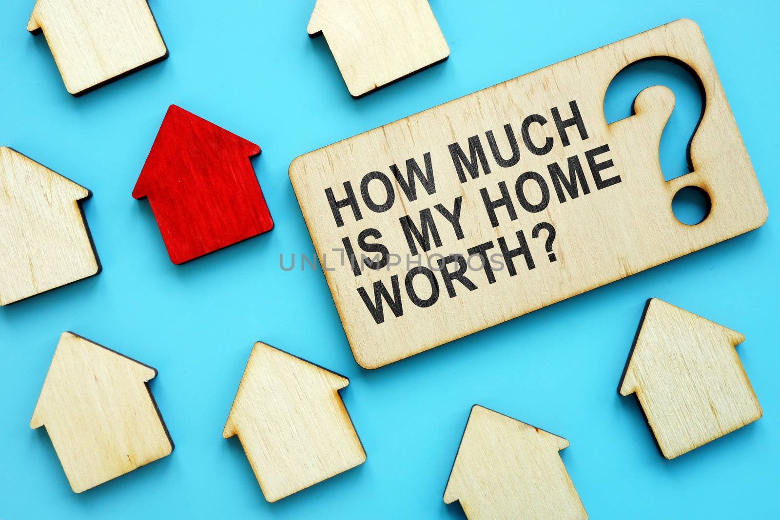 How Much is My Home Worth sign and red house model. by designer491
