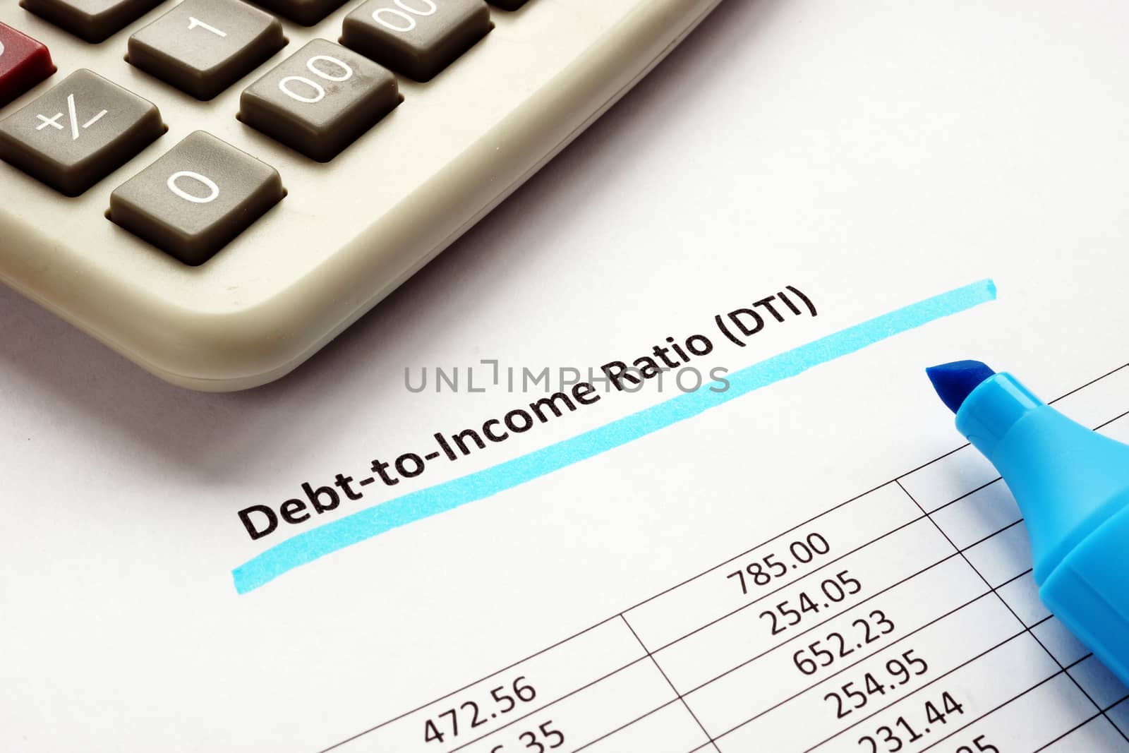Debt-to-income ratio DTI blue marker underlined. by designer491