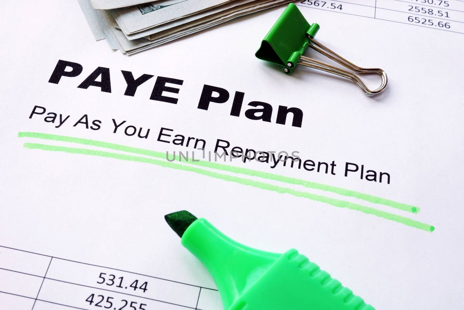 Pay As You Earn Repayment PAYE Plan underlined sign.