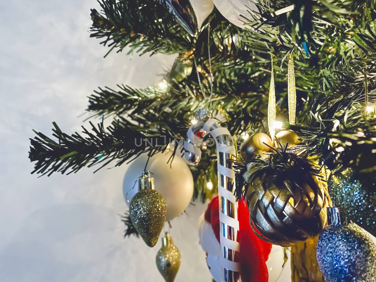 close-up view of a Christmas tree decorations. Christmas and winter holidays. Holidays