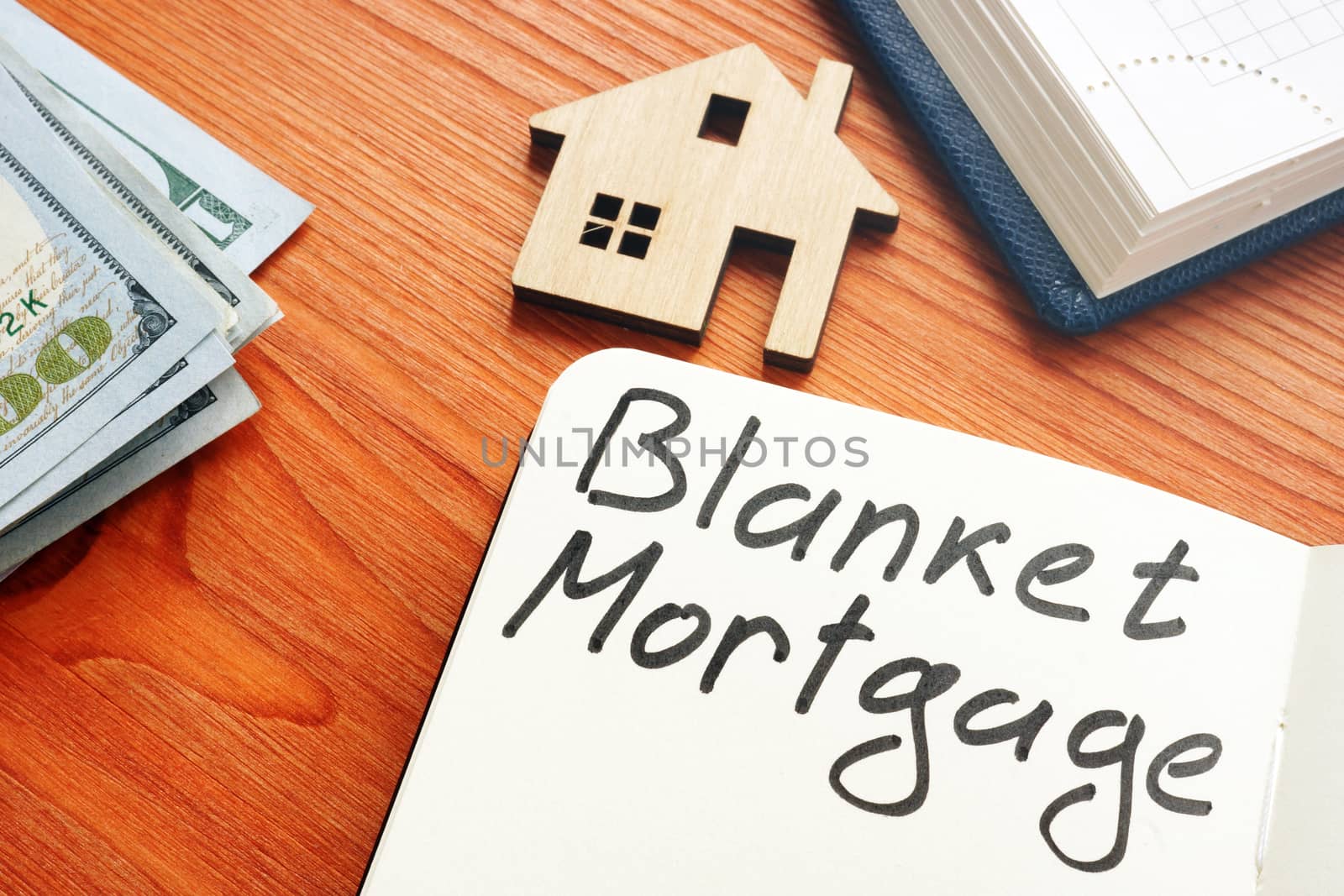 Blanket mortgage written phrase and model of home. by designer491