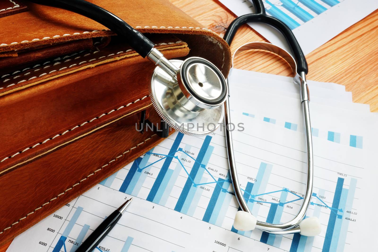 Healthcare Stocks concept. Business briefcase, stethoscope and financial market charts.