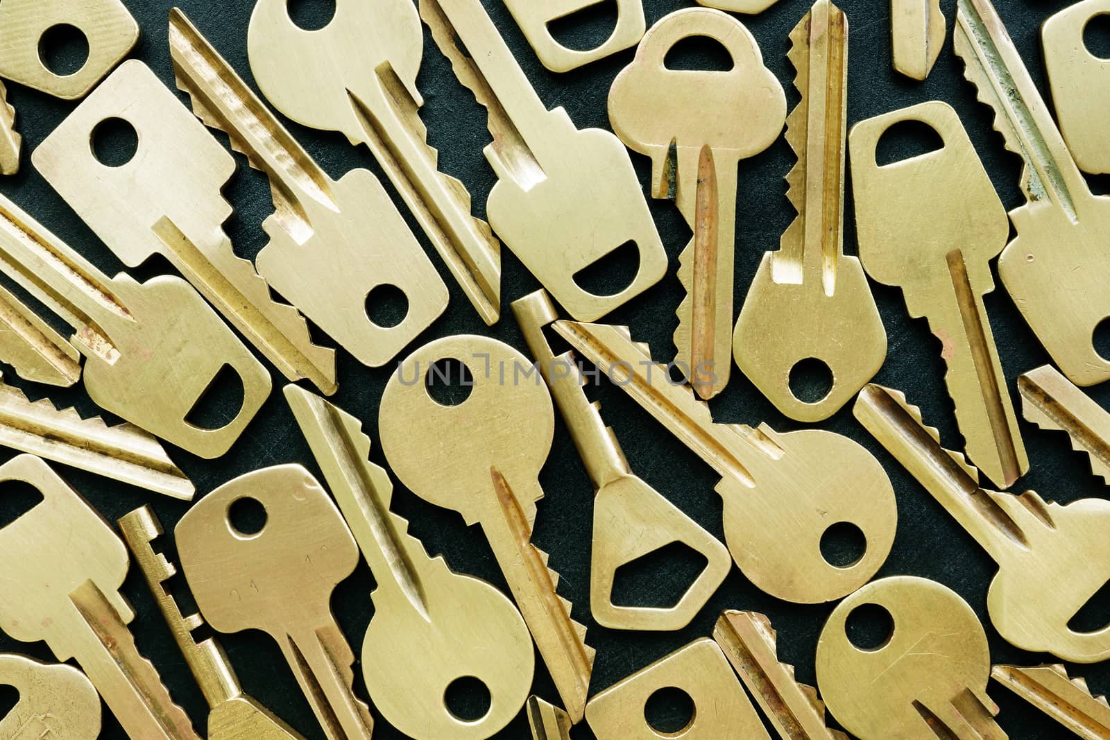 Background from close up of yellow old keys. A variety of choices in business decisions.