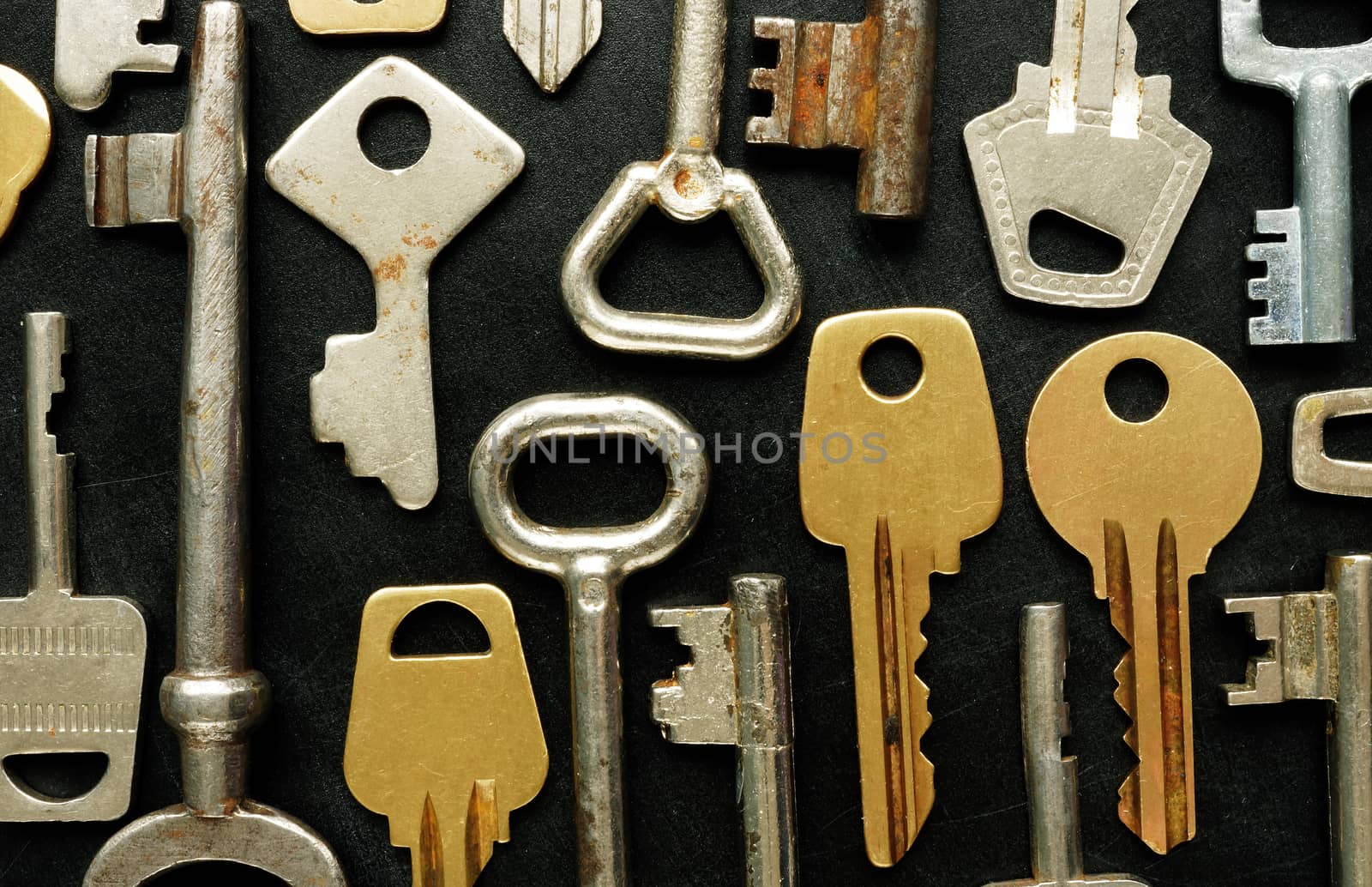 Close up background with various retro vintage metal keys.