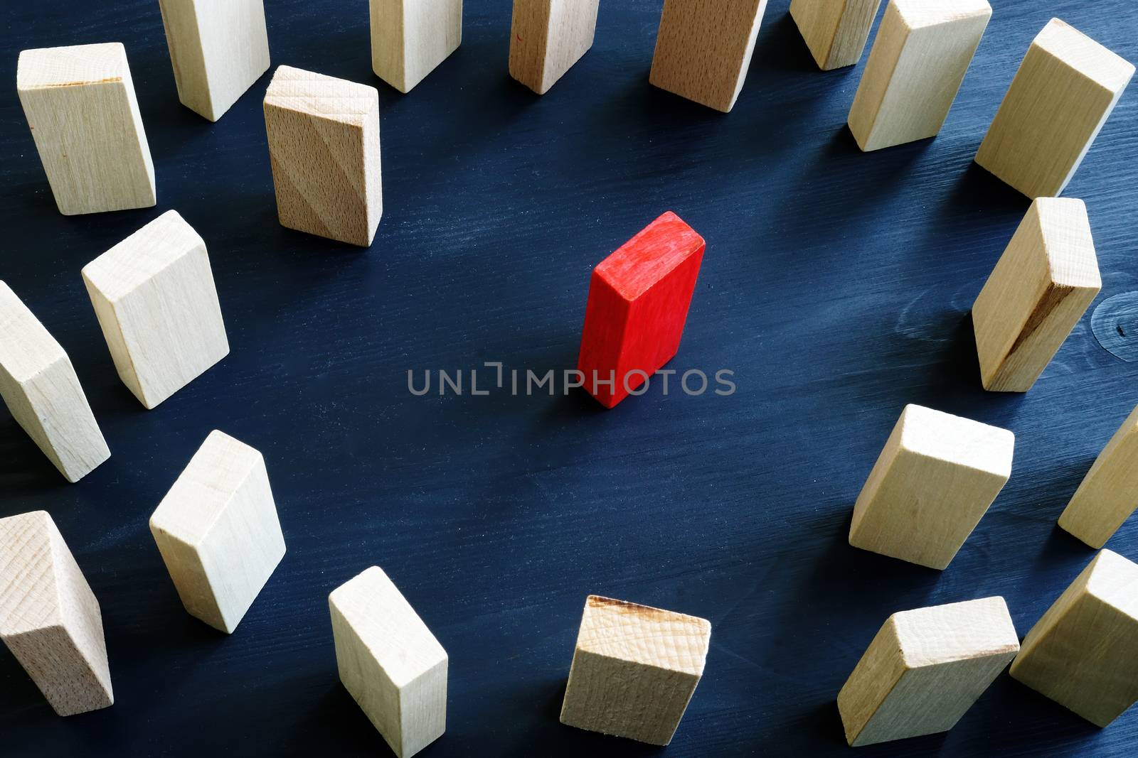 Inclusion, diversity and discrimination concept. Red block in the circle from wooden ones.